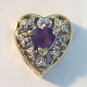 Vintage Richard Klein 10K Yellow Gold Amethyst & Diamond Heart Slide Charm